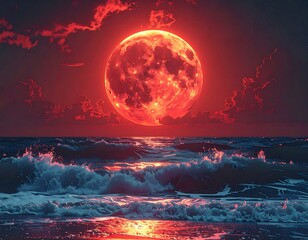 Crimson orb illuminates turbulent waters beneath ominous skies