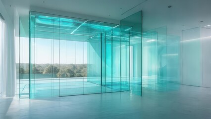 Modern Glass Elevator Shaft with Blue Lighting and Outdoor View.