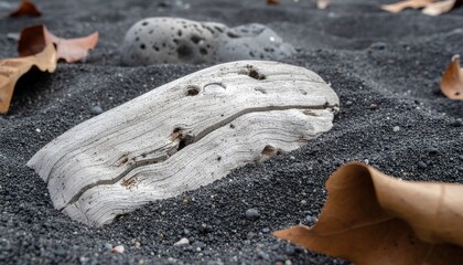 Obraz premium Weathered driftwood piece lies on black sand with fallen leaves, nature's quiet artistry