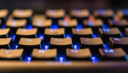 Close-up view of a modern computer keyboard with illuminated blue backlighting on the keys, creating a vibrant and technological atmosphere.