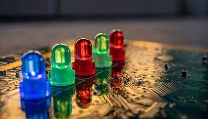 Close-up view of colorful LED lights arranged on a green electronic circuit board with visible traces and components.