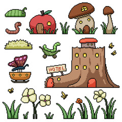 pixel art isolated background of fantasy insect town forest