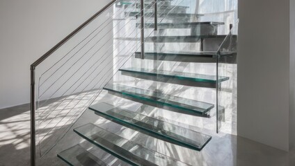 Modern Glass Staircase Design with Metal Handrail and Shadow Play.