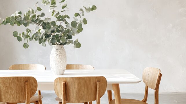 Minimalist interior design concept showcasing a white dining table natural wooden chairs and green foliage - Powered by Adobe