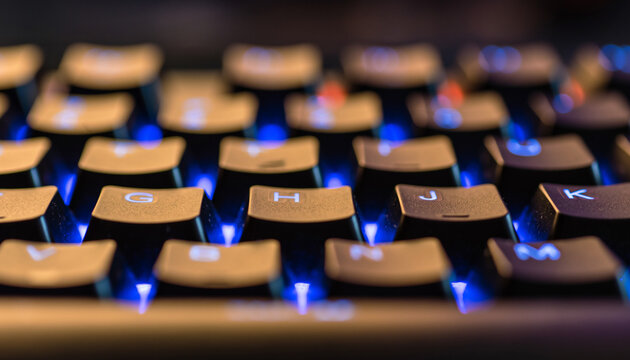Close-up view of a modern computer keyboard with illuminated blue backlighting on the keys, creating a vibrant and technological atmosphere. - Powered by Adobe