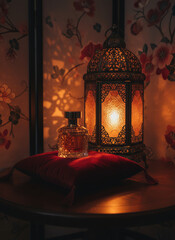 Exotic perfume bottle and glowing lantern on velvet cushion with floral screen