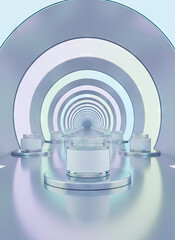 Obraz premium Cosmetic cream jars on pedestals in futuristic tunnel with glowing ring arches
