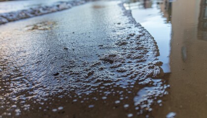 Bubbling dirty water puddle on concrete ground after rain shower