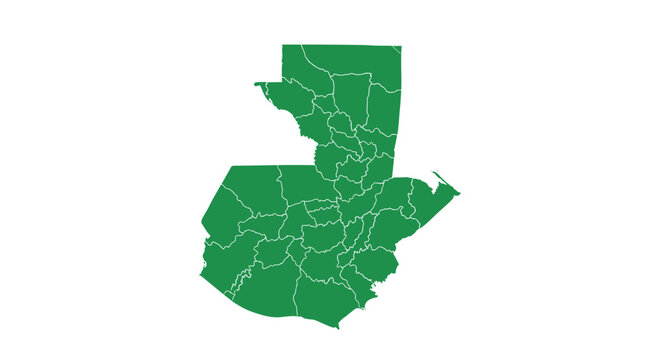 A simple green silhouette map of Guatemala showing its departmental borders, isolated on a plain white background for design projects.