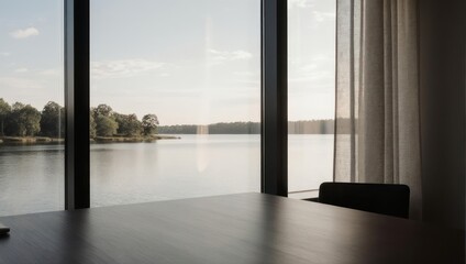 Modern interior with large window overlooking a serene lake view.