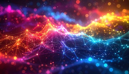 Abstract digital image of colorful connected networks and bokeh
