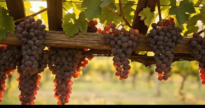 Lush vineyard at sunset showcasing ripe grapes hanging from wooden trellis in background