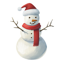 snowman with red santa hat and scarf for winter snow christmas holiday decoration watercolor hand drawn illustration