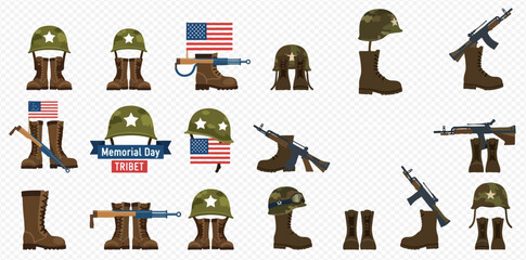 Military Remembrance Symbol Collection American Flag Combat Gear Soldier Boots Helmets and Rifles for Patriotic Honor and Tribute 2dflat