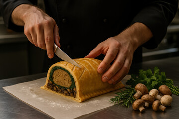 Chef slicing homemade wellington with mushrooms and herbs on parchment in professional kitchen