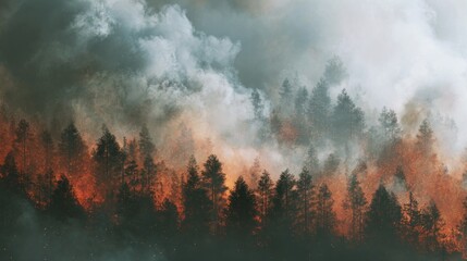 Fototapeta premium Forest fire burning with heavy smoke and orange flames