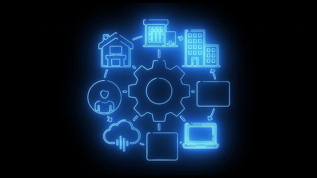 Business operations and resource management cycle with interconnected gear icons, building symbols, storage units, and supply workflow visuals