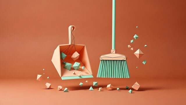 Minimalist Geometric Dustpan and Broom with Pastel Particles on Terracotta