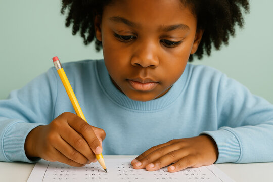 Focused child solving math worksheet with pencil, elementary student concentrating on numbers and learning in classroom setting