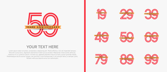 anniversary logo set with orange ribbon. red number on white background for celebration moment