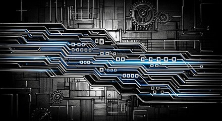 A dark, mechanical, and sketched background featuring glowing blue data lines and geometric digital code blocks, illustrating a complex, high-speed circuit and technological process.