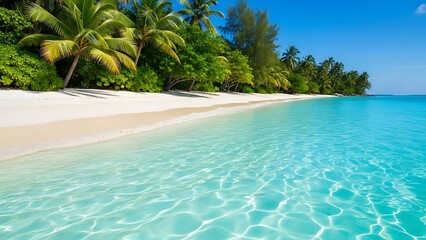 Idyllic Tropical Beach Paradise with Crystal Clear Waters and Lush Palm Trees