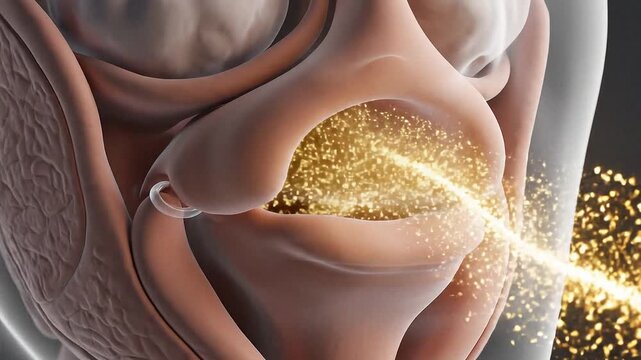 Human throat anatomy with glowing particles representing air or breath.