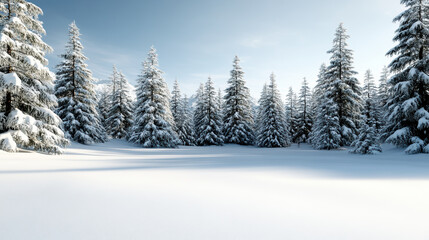 Snowy pine tree forest winter landscape serene sunlight