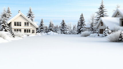 Fototapeta premium Snowy house winter landscape peaceful village with evergreen trees and soft light