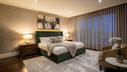 Sumptuous Green Bedroom Interior with Elegant Accents and Calming Ambiance