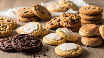 Assorted Cookies Displayed on Wooden Surface, Tempting Variety and Delicious Treats