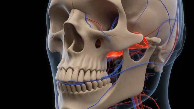Anatomical animation of human skull with blood vessels, camera movement