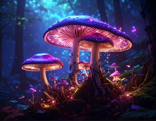 Enchanting bioluminescent mushrooms glow brightly in a magical forest