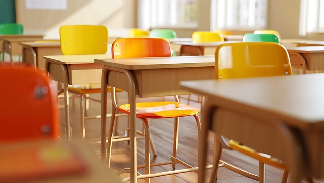 Blurry empty school classroom interior with desks, chairs, and whiteboard. Clean modern learning space without students or teacher, perfect for education concepts, backgrounds, and academic visuals. - Powered by Adobe