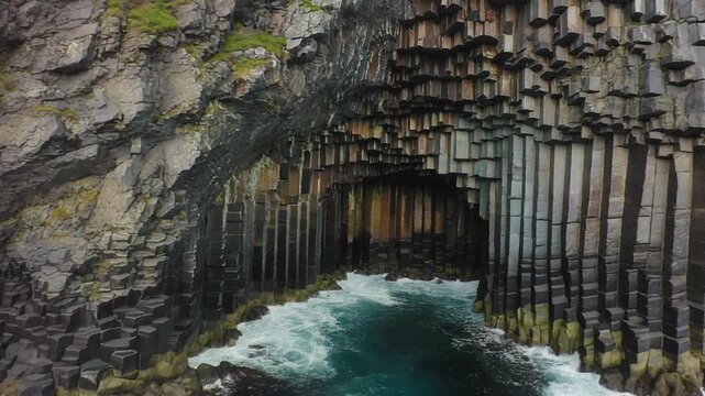 Aerial View Of Fingal's Cave With Hexagonal Basalt Columns, Scotland Geology, Sea Cave, Natural Arch