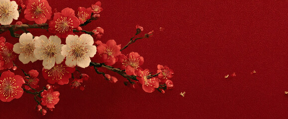 Beautiful red and white plum blossoms on a branch against a vibrant red background, evoking a sense of traditional elegance and spring.
