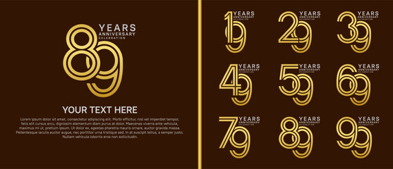 anniversary logo set multiple line style. gold and silver color on brown background for celebration moment
