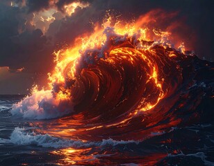 Fiery wave crashes dramatically against a dark ocean, under a cloudy sky