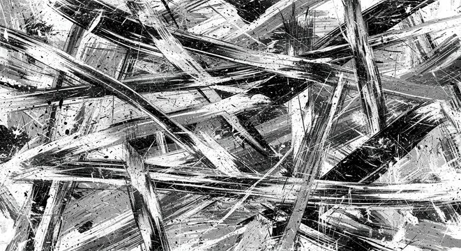 Chaotic interwoven lines and splatters form an intense monochrome abstract background