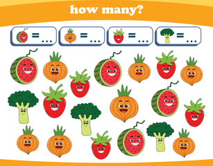 Counting game of fruits for preschool kids. Printable. Vector Illustration