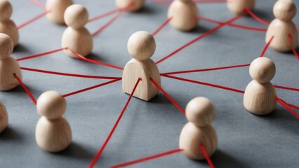 Wooden People Connected by Red Lines in Network Pattern Conveying Social Unity Concept on Dark Grey Background