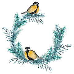 Hand drawn wreath of spruce branches and great tits. Watercolor illustration. Perfect for winter cards. © Diasha Art