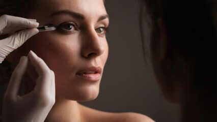 Closeup portrait of a young woman with fair skin and a serious expression, makeup application, soft lighting on dark background.