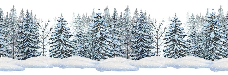 A hand drawn seamless border with a snowy forest. Watercolor illustration.