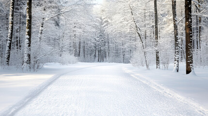 Snowy forest path winter trees snow covered trail serene winter scene frosted branches