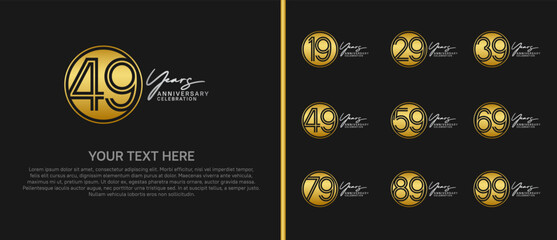anniversary logo set with circle. gold and silver color on black background for celebration moment
