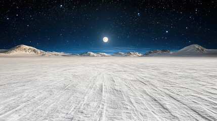 Snowy plain under starry night with full moon and distant mountains, serene and cold