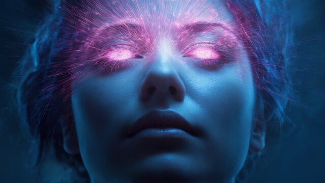 Enigmatic digital portrait of a woman with eyes closed in mystical trance against dark blue with purple and pink hues.