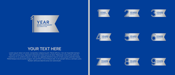 anniversary logo set with ribbon shape. silver color on blue background for celebration moment