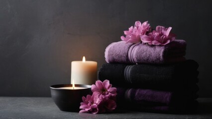 Tranquil Scene: Purple and Black Towels, Pink Flowers, Lit Candle in Bowl on Dark Grey Wall